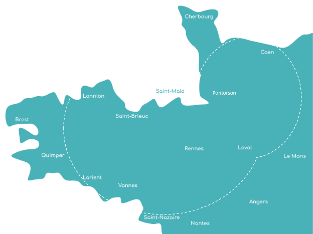 Carte présentant le secteur de déplacement habituel, à 2h de route de Langrolay-sur-Rance